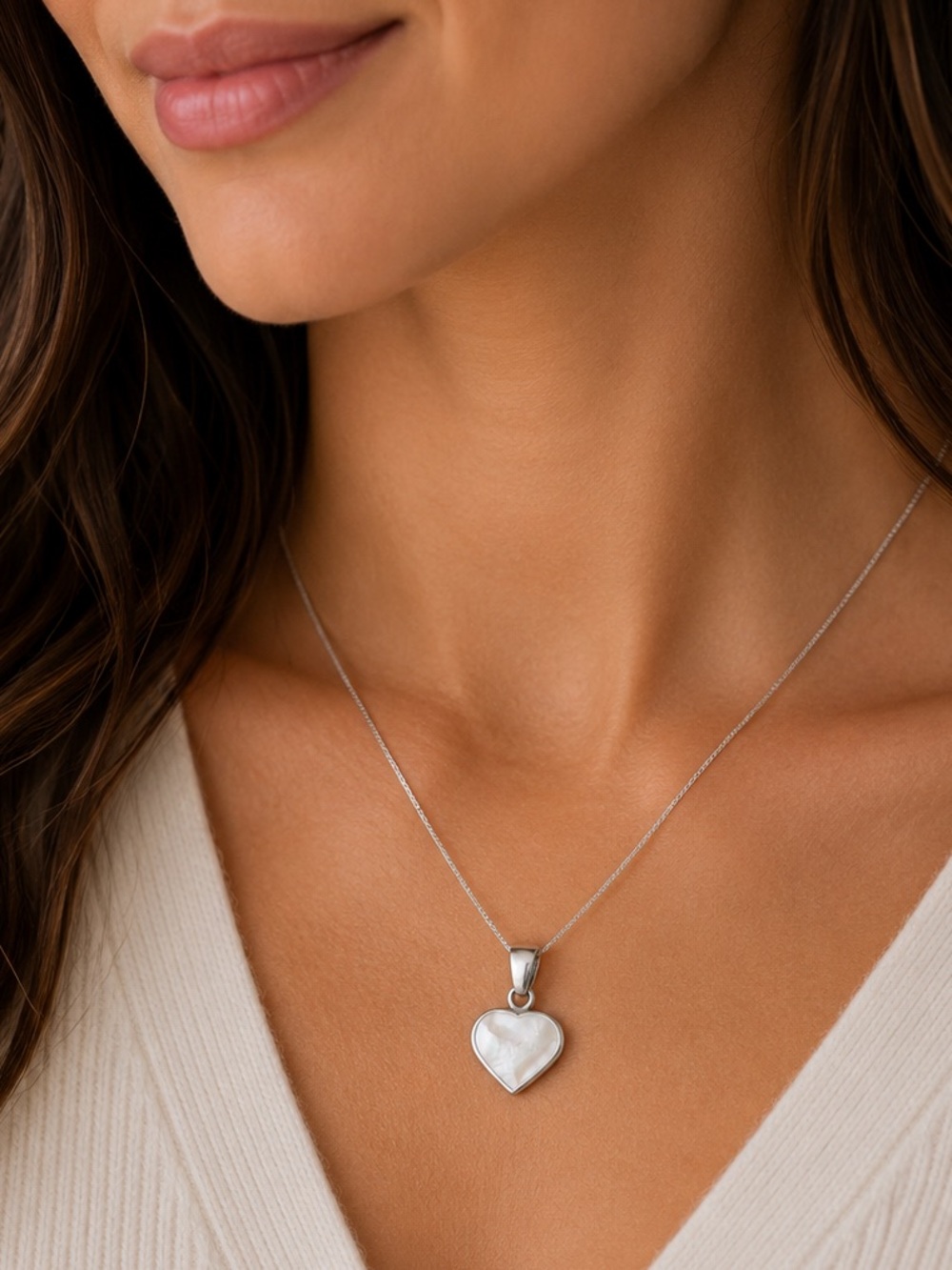 Sterling Silver Heart Pendant Necklace - Mother of Pearl